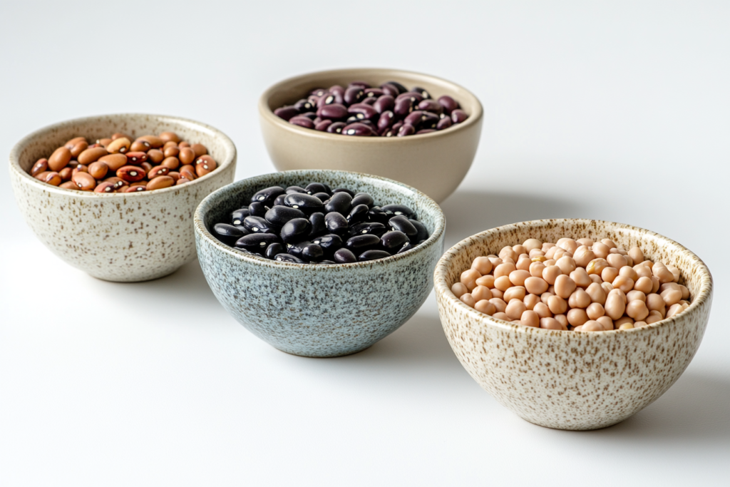 A variety of beans including chickpeas, black beans, kidney beans, and cannellini beans displayed in separate bowls.