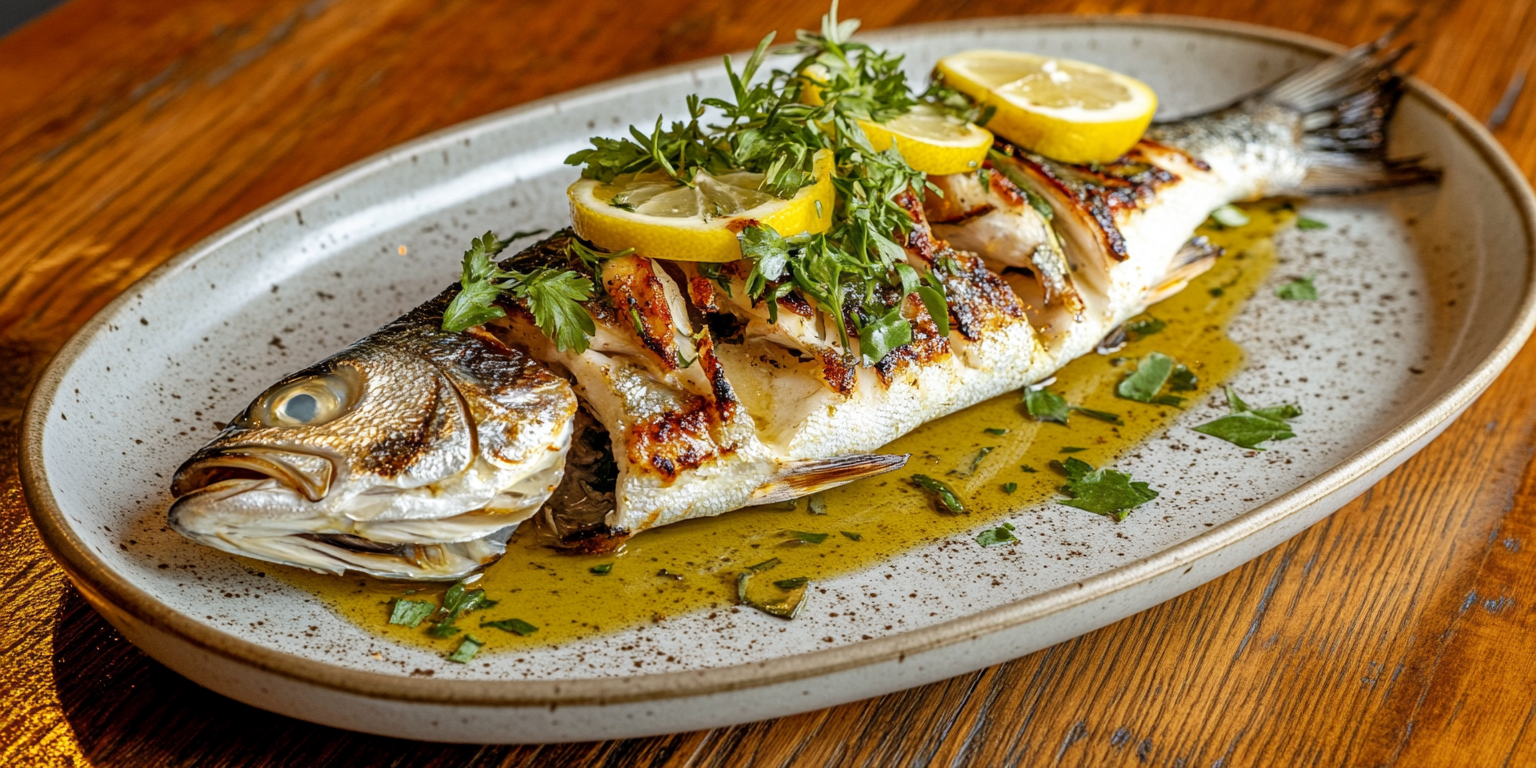 A whole grilled branzino fish garnished with fresh herbs and lemon slices, served on a rustic table