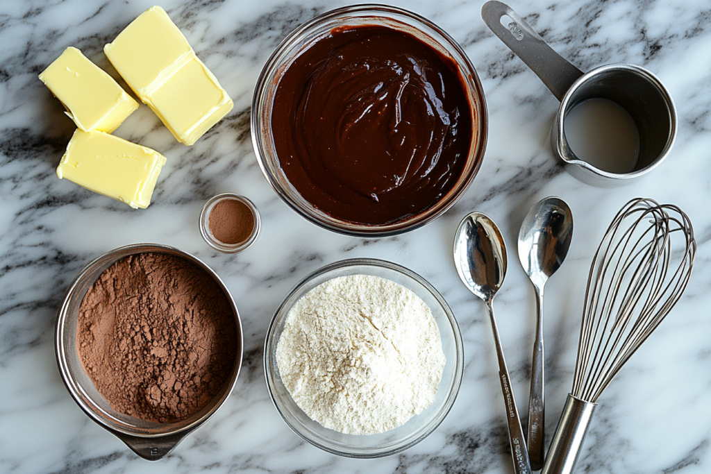 Cocoa powder, sugar, flour, butter, and milk laid out on a marble countertop.