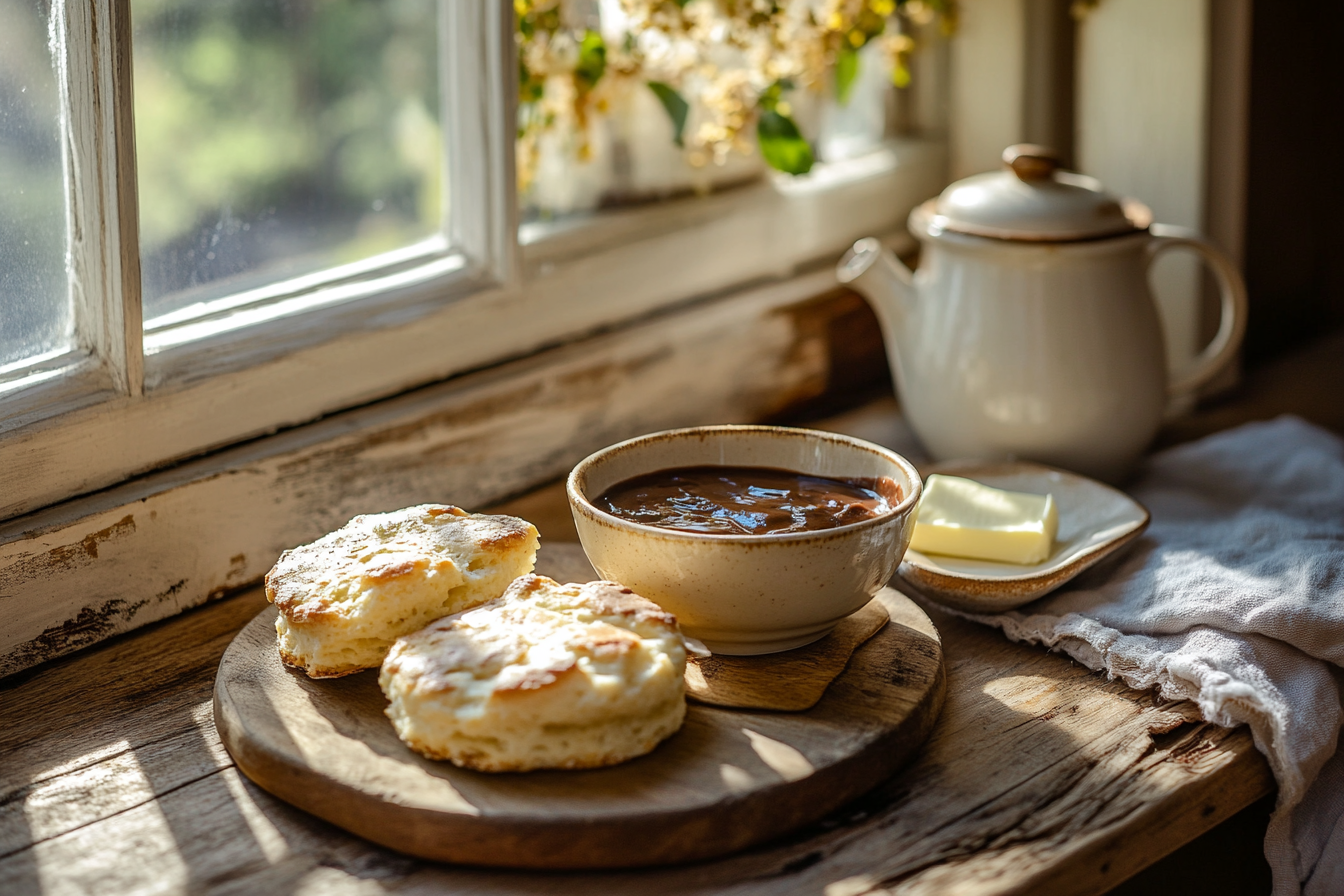 Warm biscuits covered in smooth chocolate gravy on a rustic wooden table with natural light.