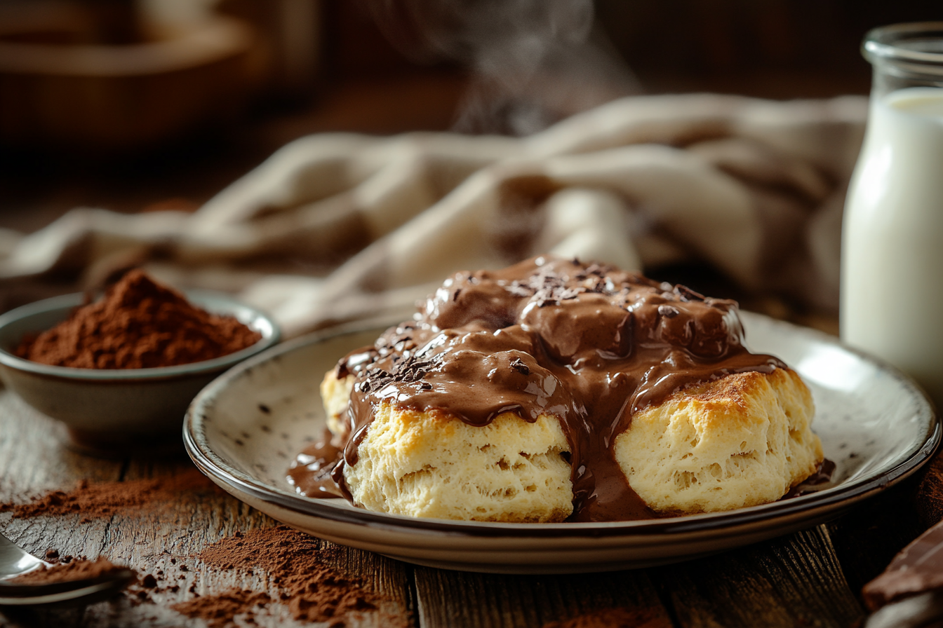 A plate of Southern biscuits topped with chocolate gravy on a rustic table.