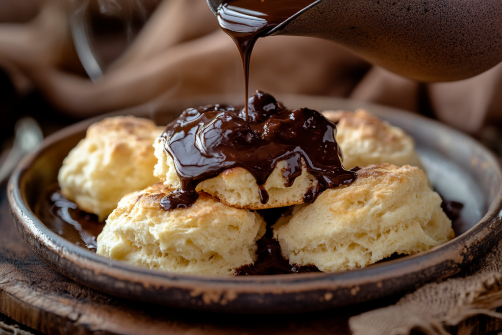 Chocolate gravy being poured over warm biscuits, creating a comforting breakfast scene.