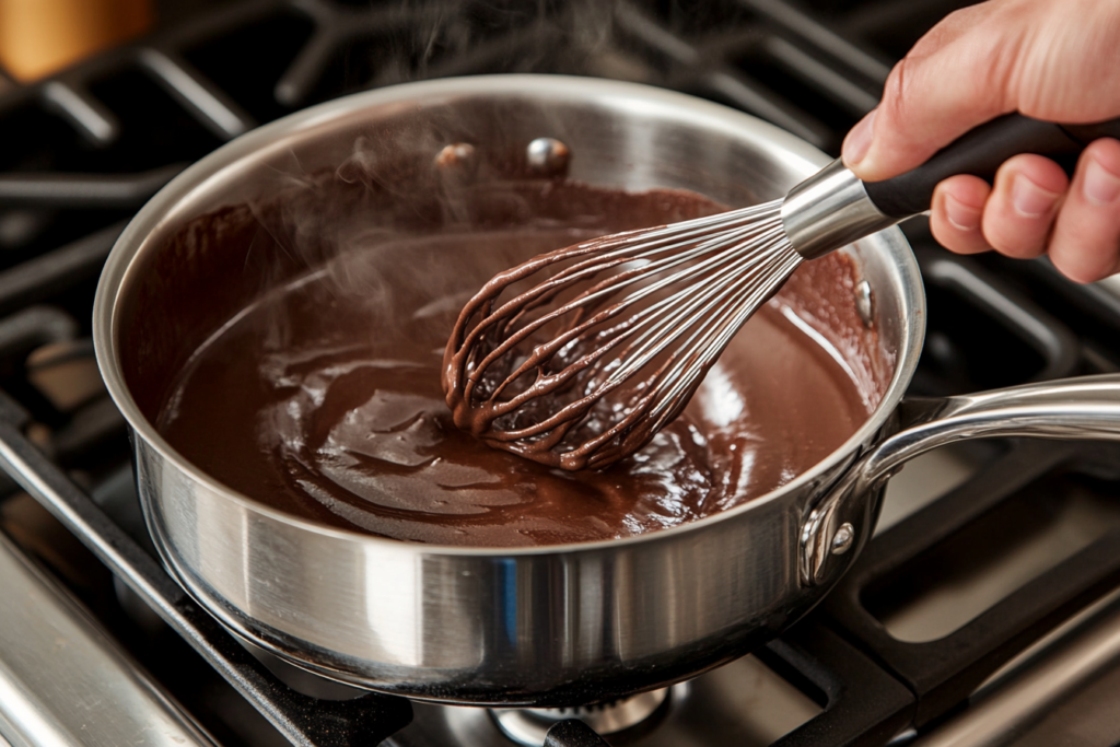 A saucepan of chocolate gravy being stirred with a whisk.