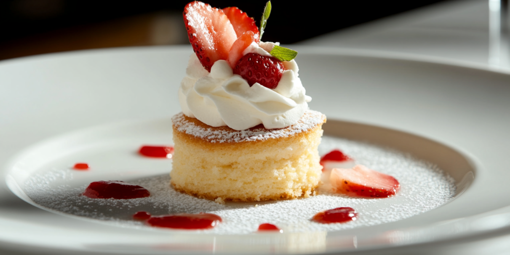 A golden-brown Bisquick shortcake topped with whipped cream and fresh strawberries on a white plate