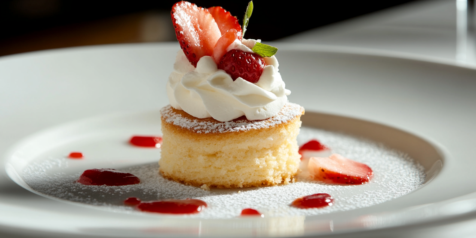 A golden-brown Bisquick shortcake topped with whipped cream and fresh strawberries on a white plate