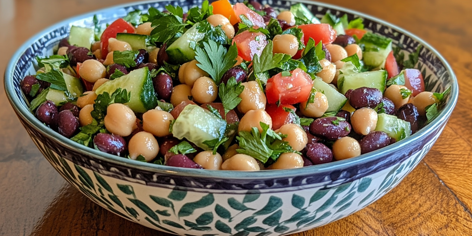 A vibrant bowl of dense bean salad featuring chickpeas, black beans, and fresh vegetables like cucumbers and tomatoes, garnished with parsley.