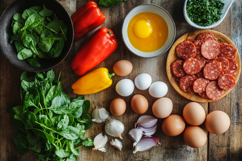 Lean turkey chorizo, fresh eggs, and a variety of colorful vegetables like bell peppers and spinach, arranged on a wooden kitchen counter.