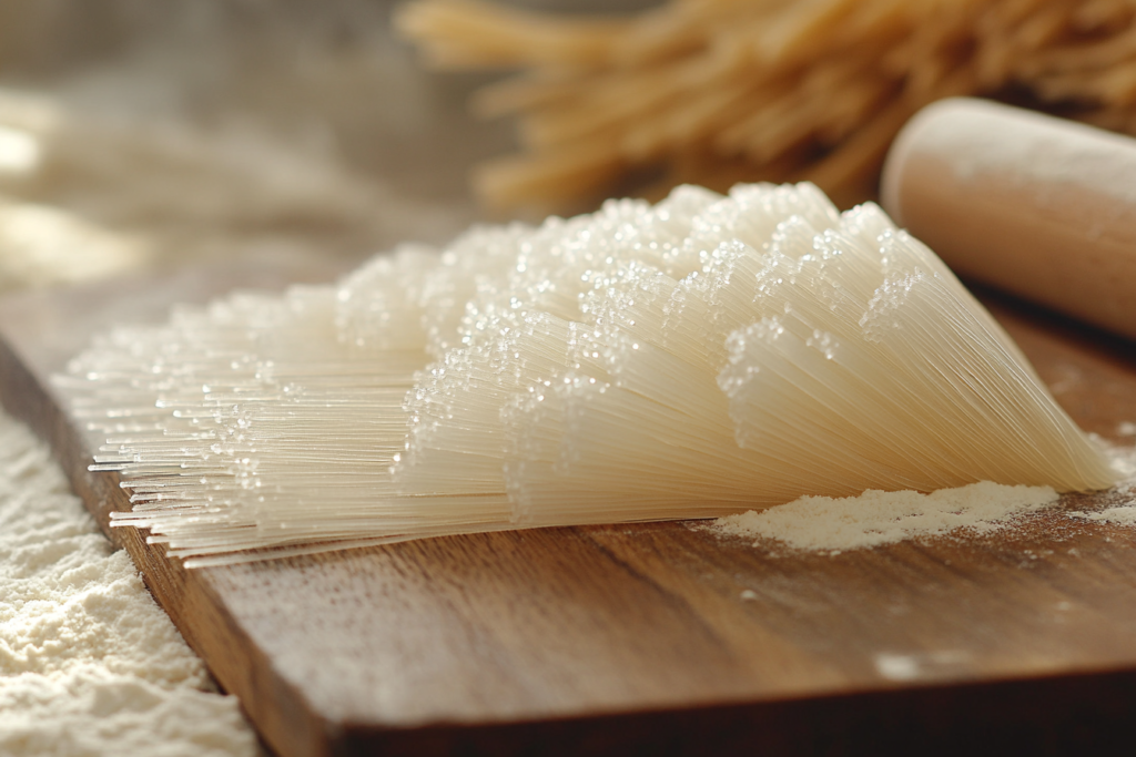 Hand-rolled Capellini pasta strands on a wooden cutting board
