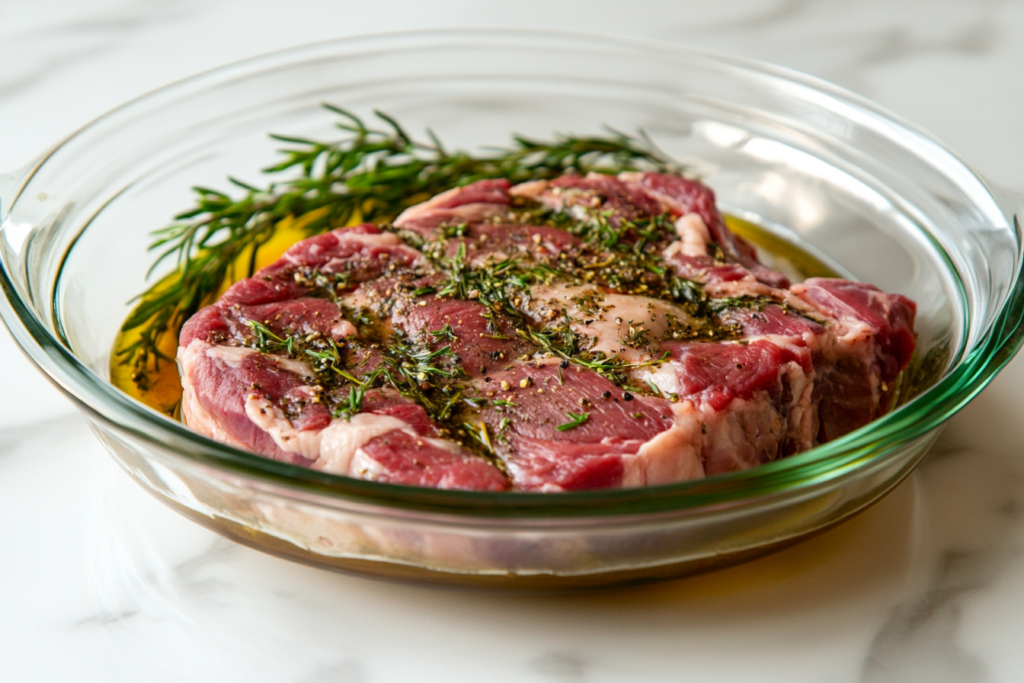 Chuck roast being marinated in a glass dish with seasonings.