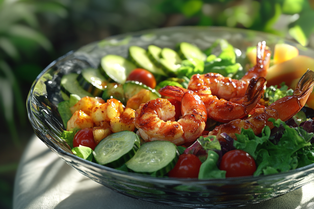 A colorful mixed green salad with cherry tomatoes and cucumbers, paired with barbeque shrimp and tropical fruit salad.