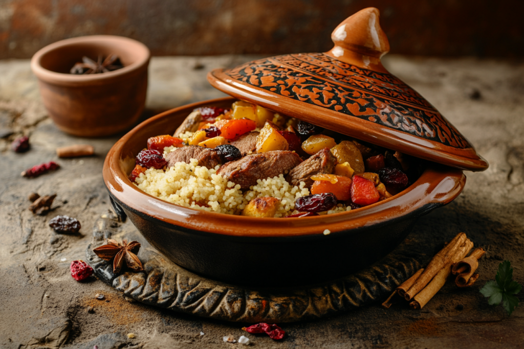 A Moroccan lamb tagine with spices, dried fruits, and couscous served in a Dutch oven.