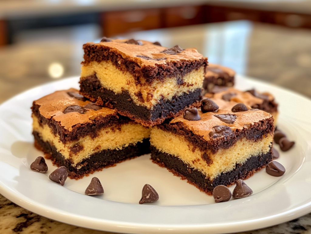 Sliced brookies on a plate showing fudgy brownie layers topped with golden cookie dough, with chocolate chips scattered around.