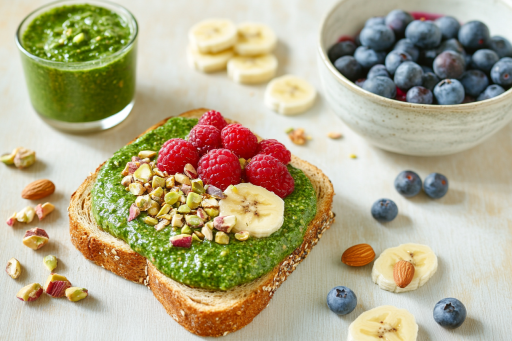 A vibrant breakfast plate featuring pistachio butter toast topped with banana slices and a smoothie bowl.