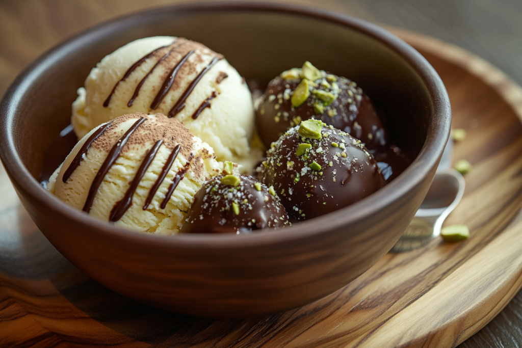 Delicious pistachio butter cookies and drizzled chocolate dessert bites on a wooden platter.