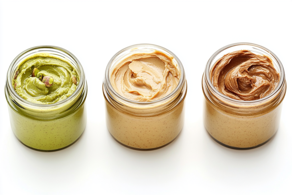 Side-by-side jars of pistachio butter, almond butter, and peanut butter with nutritional labels.