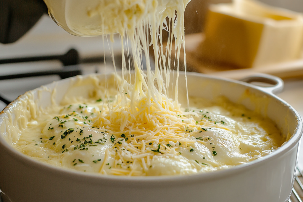 Whisked eggs being poured into a baking dish with cheese and herbs.