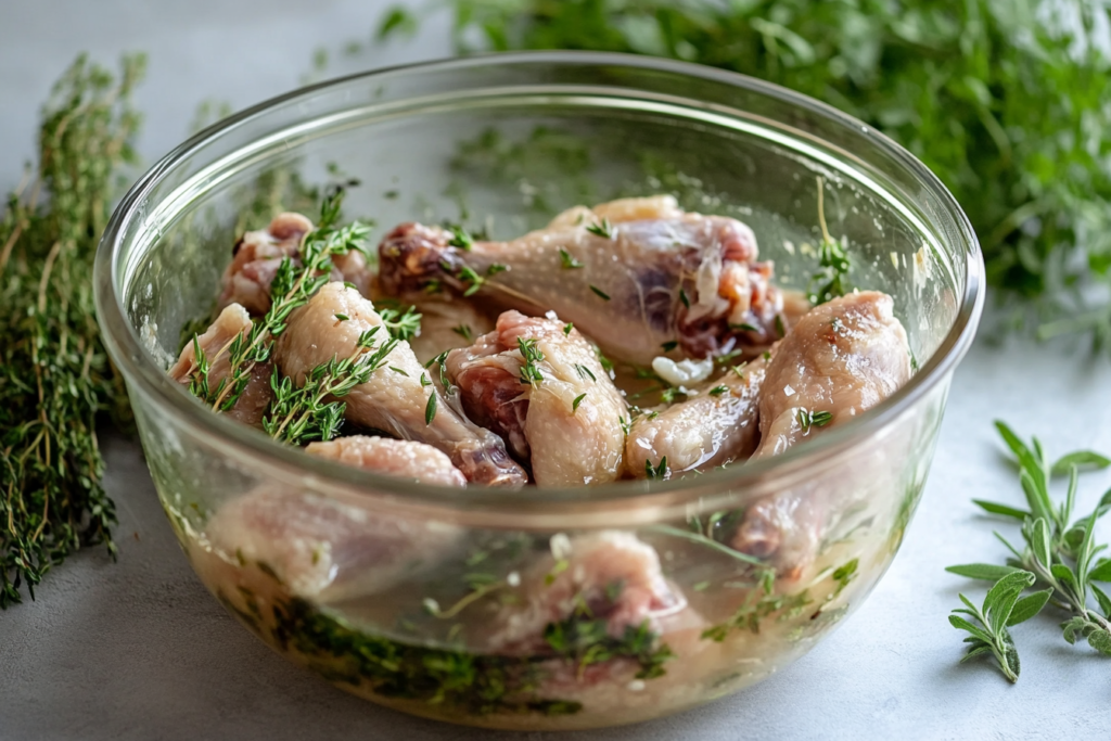 Turkey wings in brine with fresh herbs in a glass bowl.