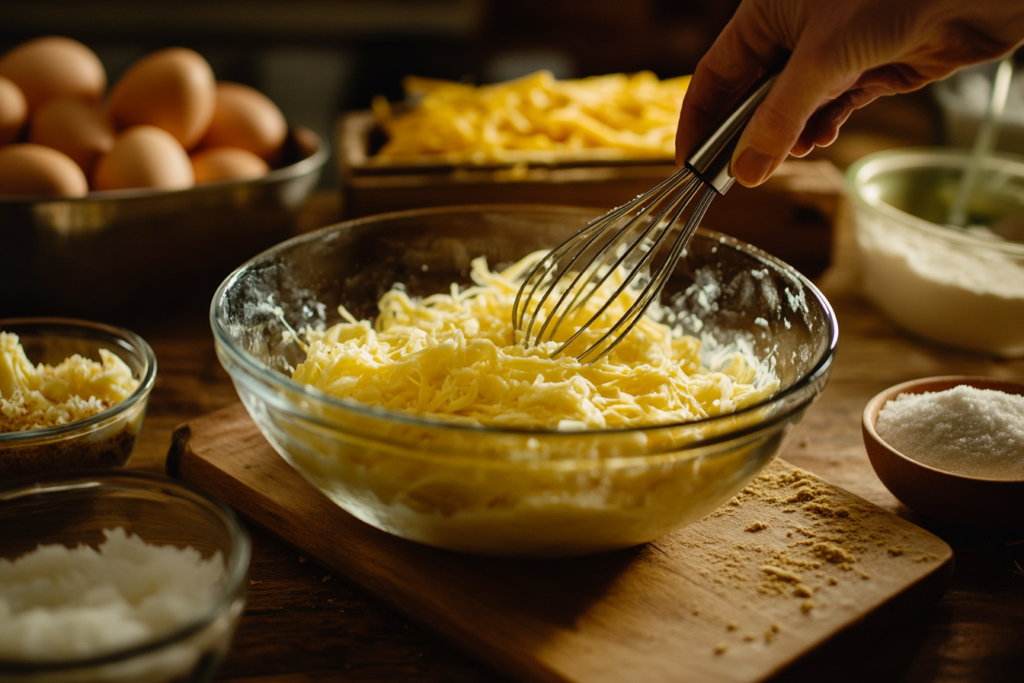 A person whisking eggs in a mixing bowl surrounded by chopped vegetables, shredded cheese, and spices on a wooden board
