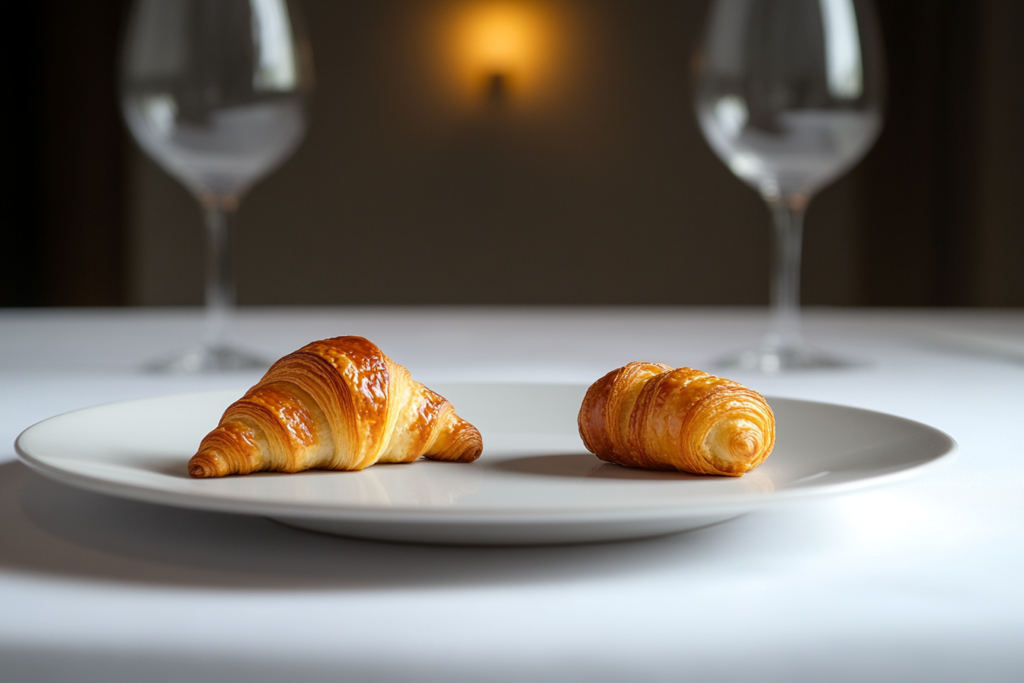 A croissant and a gipfeli placed side by side on a white plate, highlighting their unique shapes and textures.