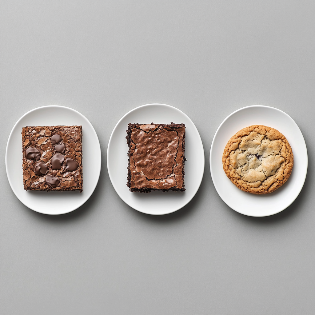 Side-by-side comparison of a brownie, a cookie, and a brookie, showcasing their unique textures and appearances.