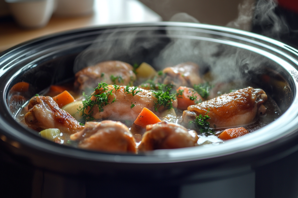 Turkey wings simmering in a slow cooker with vegetables.