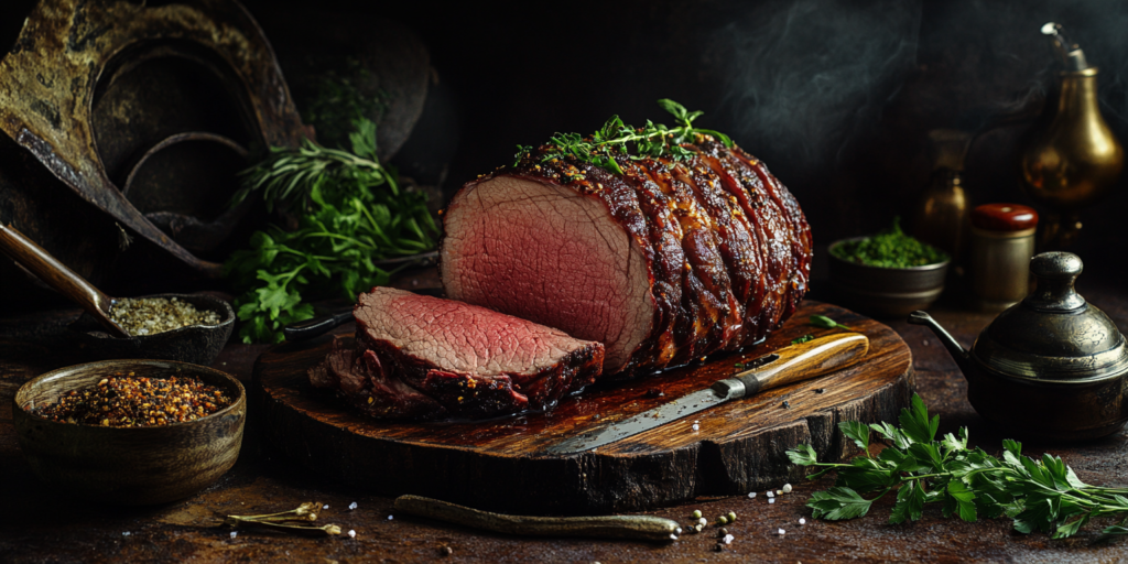 Featured image of a smoked chuck roast with a caramelized bark, surrounded by barbecue tools and fresh herbs.