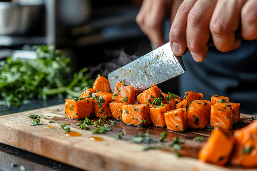 Chef preparing Salmon bites recipe, slicing salmon into bite-sized pieces on a wooden cutting board with a sharp knife.