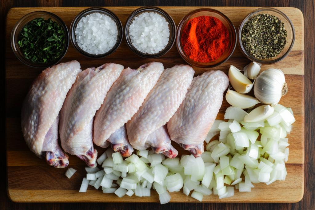 Raw turkey wings and fresh ingredients on a wooden table.