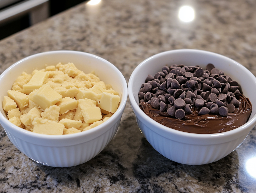 Ingredients for blondies and brookies displayed side by side on a kitchen counter.