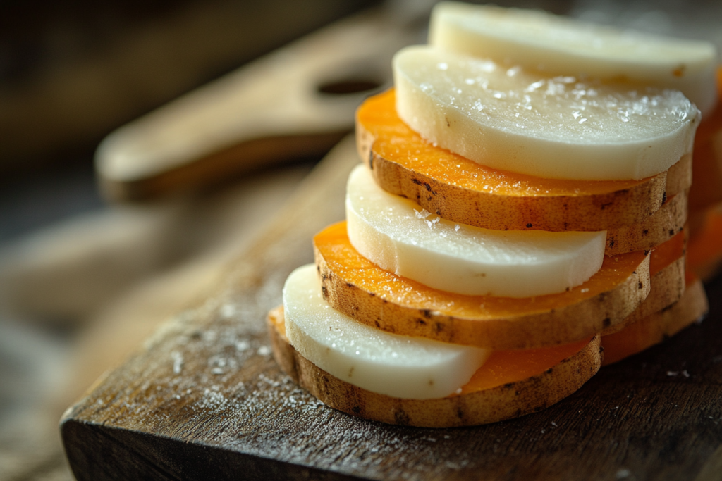 White and orange sweet potatoes sliced to show their contrasting interiors.
