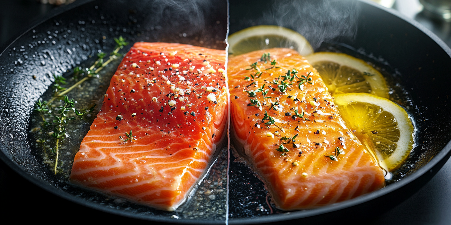 Delicious salmon filet cooking in a pan with butter and oil side by side, showcasing options for preparing salmon.