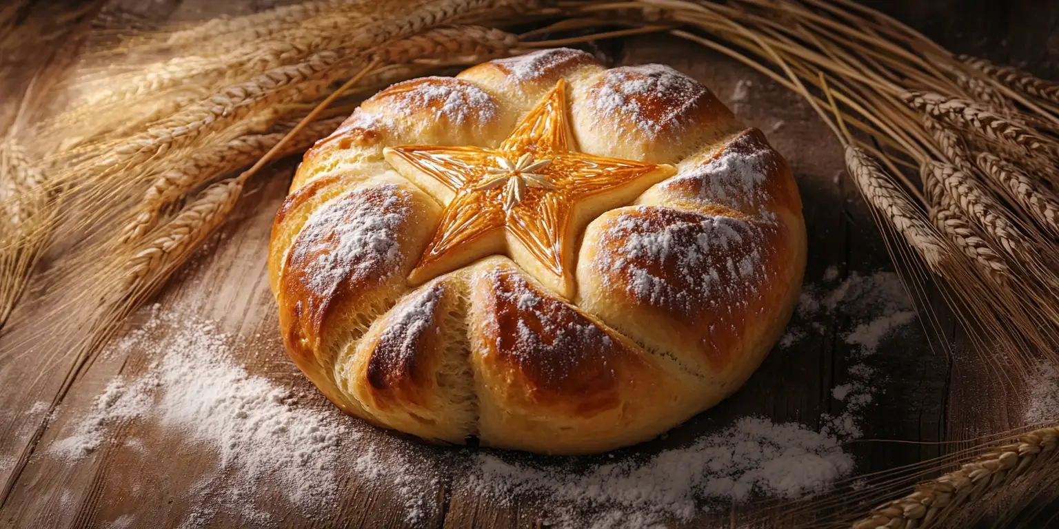 A freshly baked Kaiser roll with a star-shaped design on a rustic wooden surface.