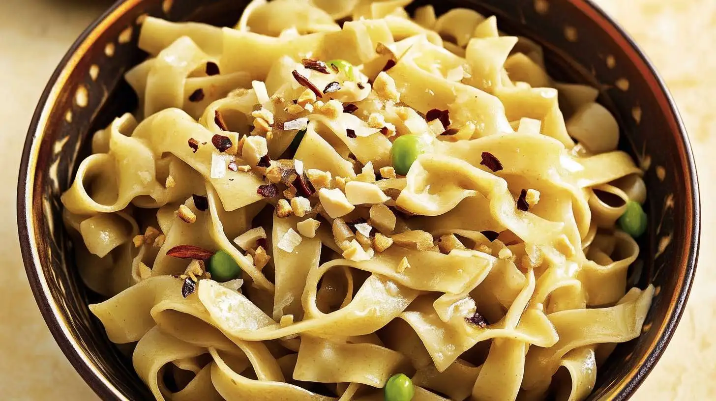 A Bowl Of Gluten Free Egg Noodles With Butter Sauce And Fresh Herbs.