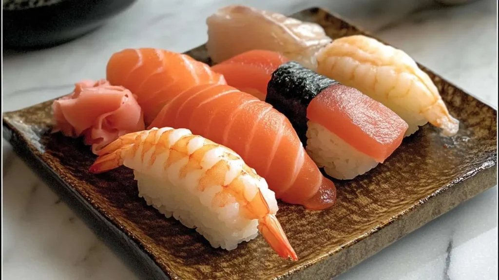 A Plate Of Assorted Nigiri Sushi With Fresh Fish On A Wooden Platter
