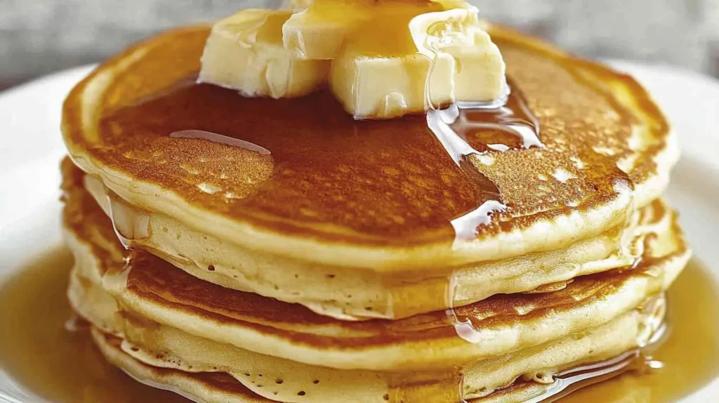 A Stack Of Old Fashioned Pancakes With Butter And Syrup.